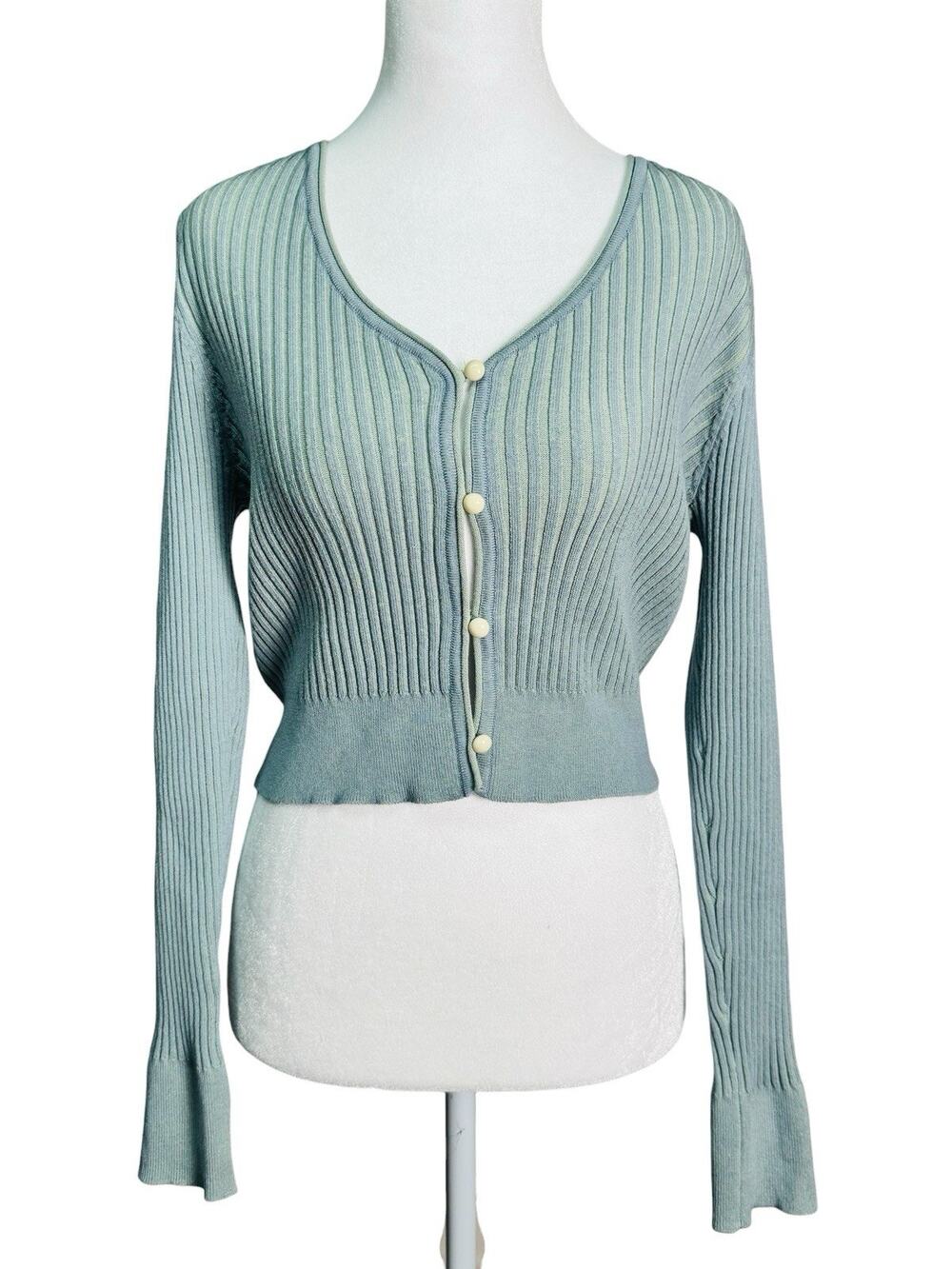 WAYF 98 Womens Dusty Blue Ribbed Button Cardigan Fairy Grunge Y2K Sweater Large